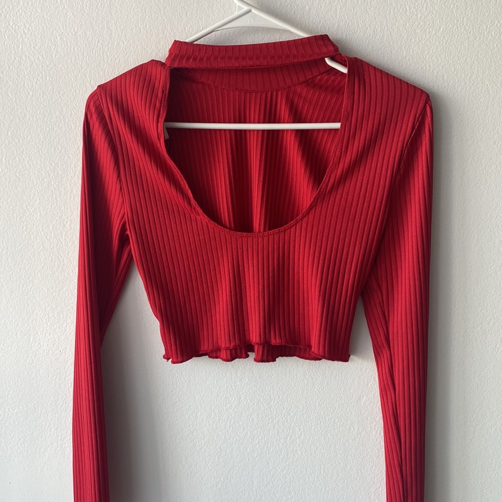 BCBG Generation red long sleeve mock neck crop top. Size S